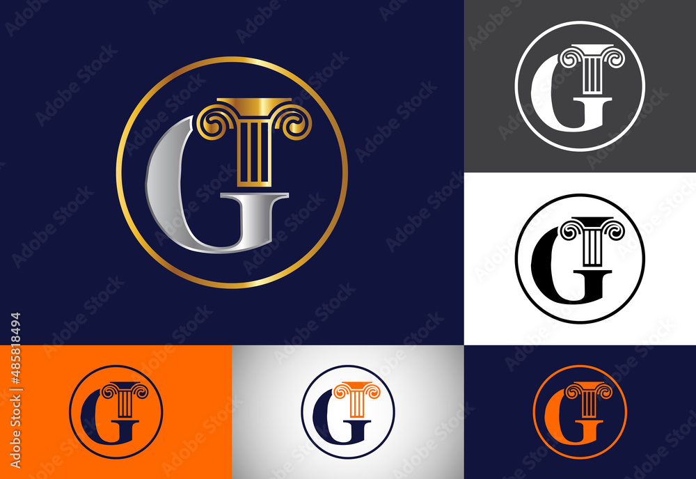 Initial letter G with law pillar logo design. Law office vector logo template Initial letter G with law pillar logo design. Law office vector logo template