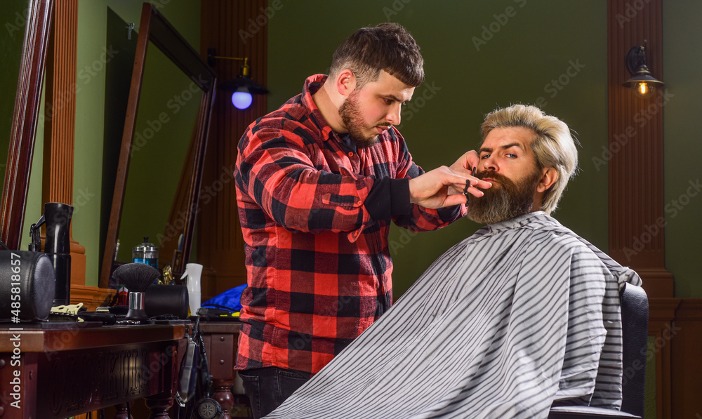Grow beard and mustache. Man barbershop. Hairdresser salon. Professional barber and client. Trimming beard. Messy hair can prevent barber from cutting hair properly. Facial hair. Maintaining shape Grow beard and mustache. Man barbershop. Hairdresser salon. Professional barber and client. Trimming beard. Messy hair can prevent barber from cutting hair properly. Facial hair. Maintaining shape