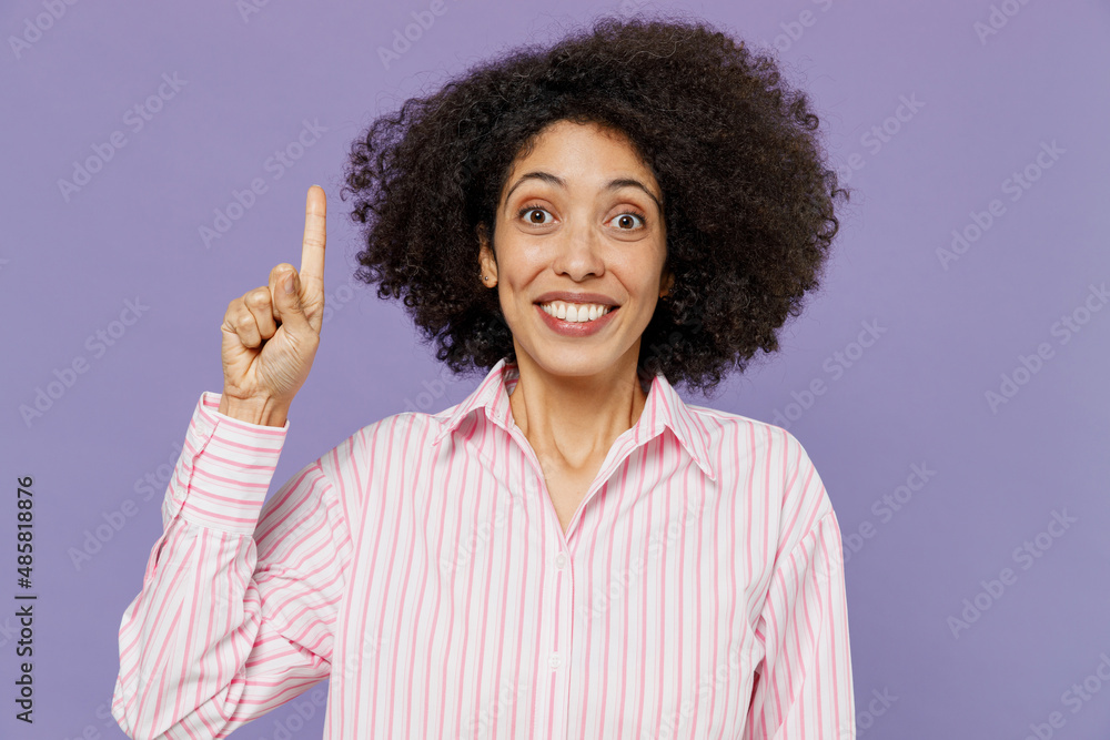 Young insighted fun woman of African American ethnicity 20s wear pink ...