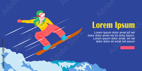 Vector illustration of a girl in the mountains, snowboarding. 