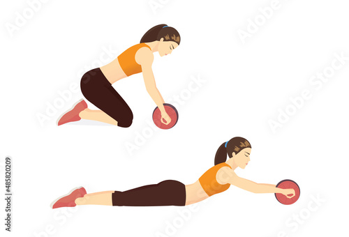 Woman exercise with an Abs Wheel for benefits including core, Upper Body, and Glutes. Illustration about roller Workout Challenge.