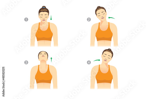 Woman doing Neck Rolls to stretch neck muscle before a workout. Illustration about warmup.