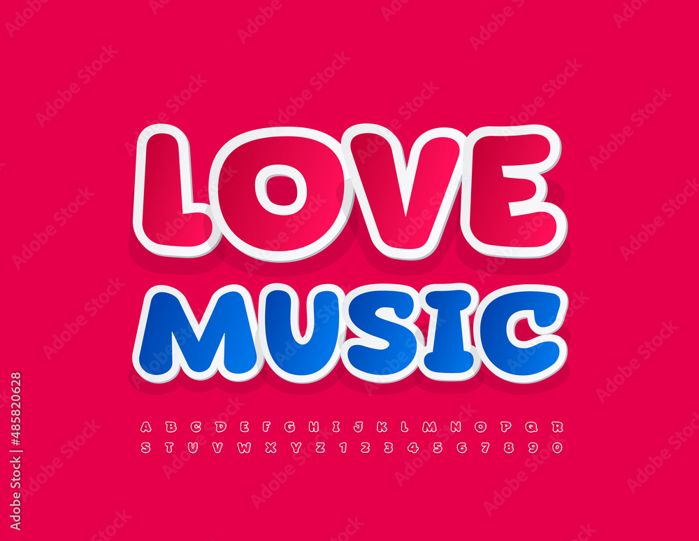 Vector artistic emblem Love Music. Pink sticker Font. Playful Alphabet Letters and Numbers set