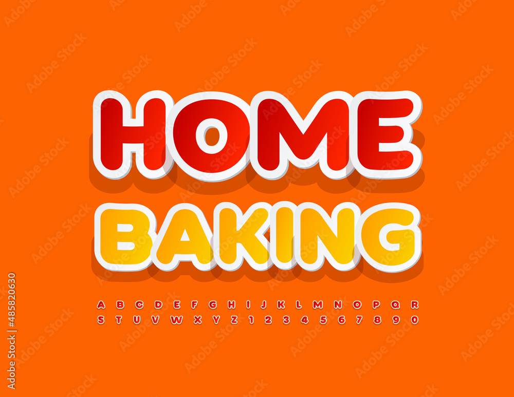 Vector creative banner Home Baking with sticker Font. Bright Red Alphabet Letters and Numbers set