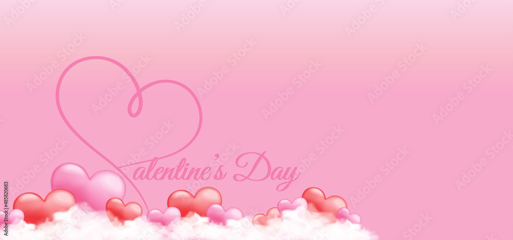 Valentine is day background with pink and red heart, white cloud. Background with unique text valentine's day. Vector illustration