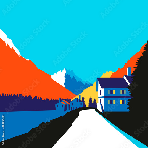 Pop art houses against the backdrop of mountains, drawn in the style of minimalism, bright op art style. Nature landscape creative colors. Vector illustration. 
