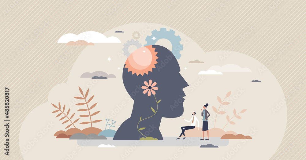 Organizational psychology as employees mental health care tiny person concept. Business labor behavior research for professional workers wellness, social synergy and motivation vector illustration. - obrazy, fototapety, plakaty 