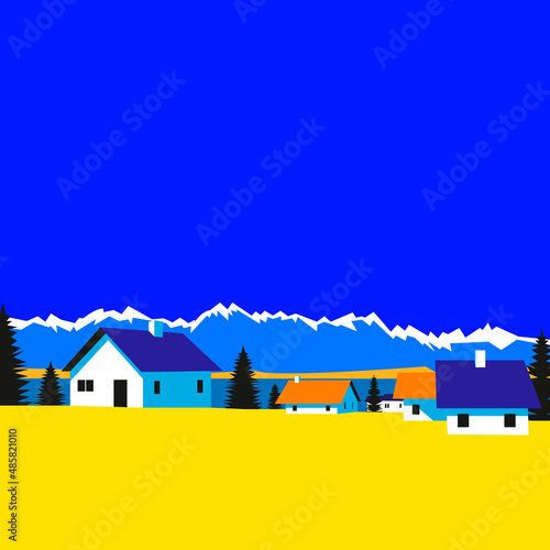 Pop art houses against the backdrop of mountains, drawn in the style of minimalism, bright op art style. Nature landscape creative colors. Vector illustration. 