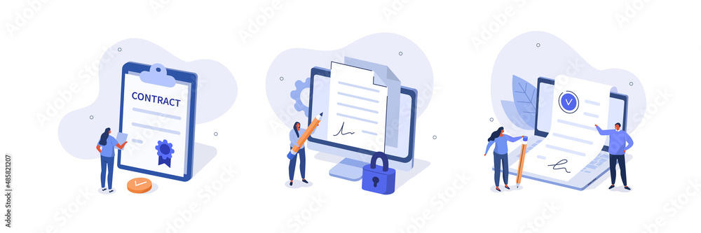 Business contract illustration set. Characters signing legal document, electronic contract or agreement online. People reading contract terms and conditions. Vector illustration. - obrazy, fototapety, plakaty 
