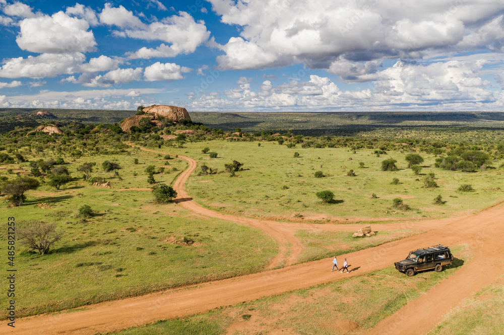 Fototapeta premium Baboon Rock at Sosian Ranch, Laikipia County, Kenya drone