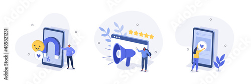 Social media marketing illustration set. Characters integrating with audience on social media platform and using marketing strategy to increase followers. Vector illustration.
