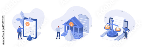 Public finance illustration set. Characters receiving grant, subsidy or over financial support from federal budget. Government spending, tax and financial law concept. Vector illustration. photo
