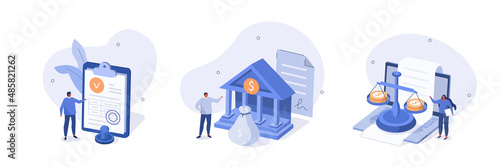 Public finance illustration set. Characters receiving grant, subsidy or over financial support from federal budget. Government spending, tax and financial law concept. Vector illustration.