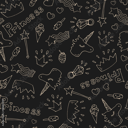 Vector hand drawn doodle cute seamless pattern Princes magic accessories: Crown, unicorn, magic wand, ice cream, diamond ring, star. The fantasy world of girls dreams. light yellow lines on brown back