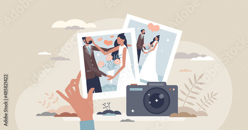 Wedding photography shooting with pictures from love celebration tiny person concept. Engagement event romantic photos for memories vector illustration. Capture couple in happy just married moment