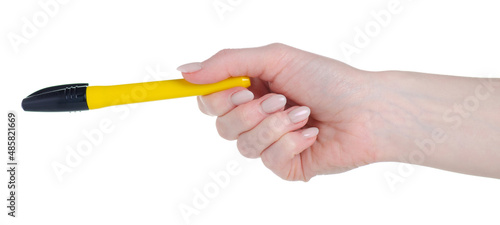 Construction yellow marker in hand on white background isolation