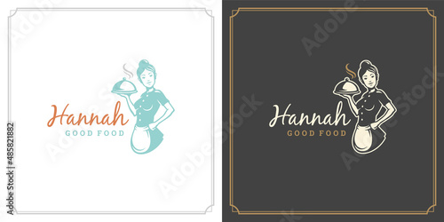 Restaurant label design vector illustration waitress holding cloche tray silhouette