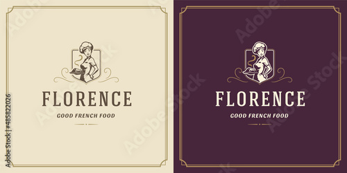 Restaurant label design vector illustration chef woman holding dish plate silhouette