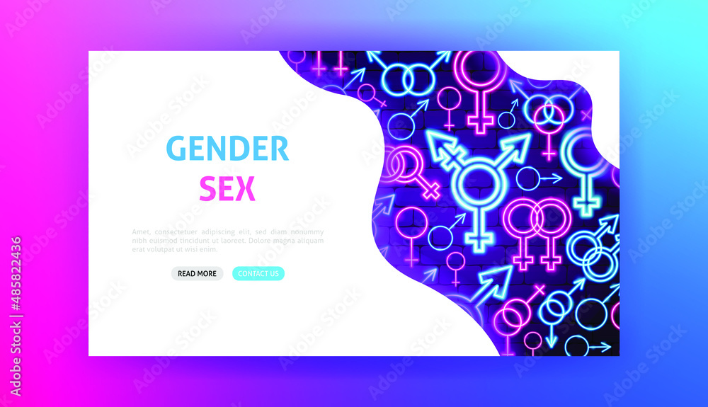 Gender Sex Neon Landing Page.  Vector Illustration of People Rights Promotion.