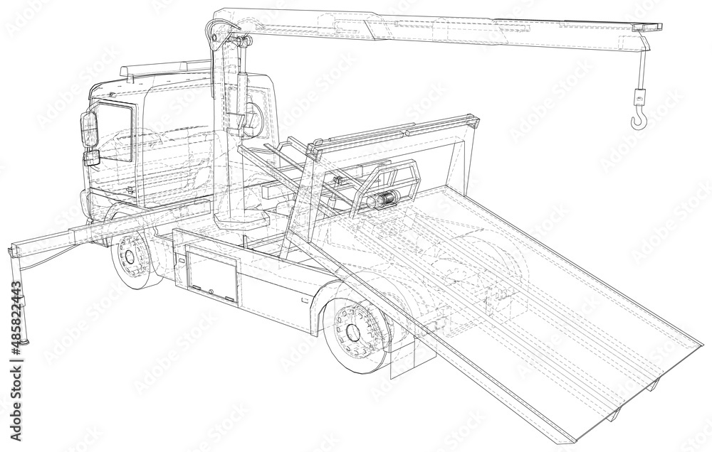 Towing Truck Drawing outline isolated on white background.