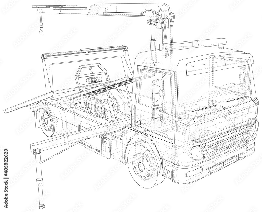Vector Illustration of Tow Truck. Towing. Drawing outline isolated on white background.