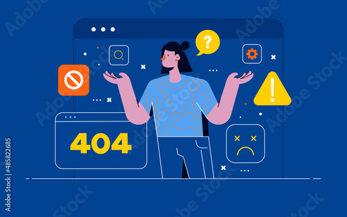 404 internet connection problem message. Concept operating system error warning for web page, banner, presentation, social media. Woman cartoon character confused gesture. Vector Illustration