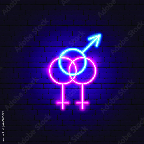 Bisexual Two Women Man Neon Sign. Vector Illustration of Sex Promotion.