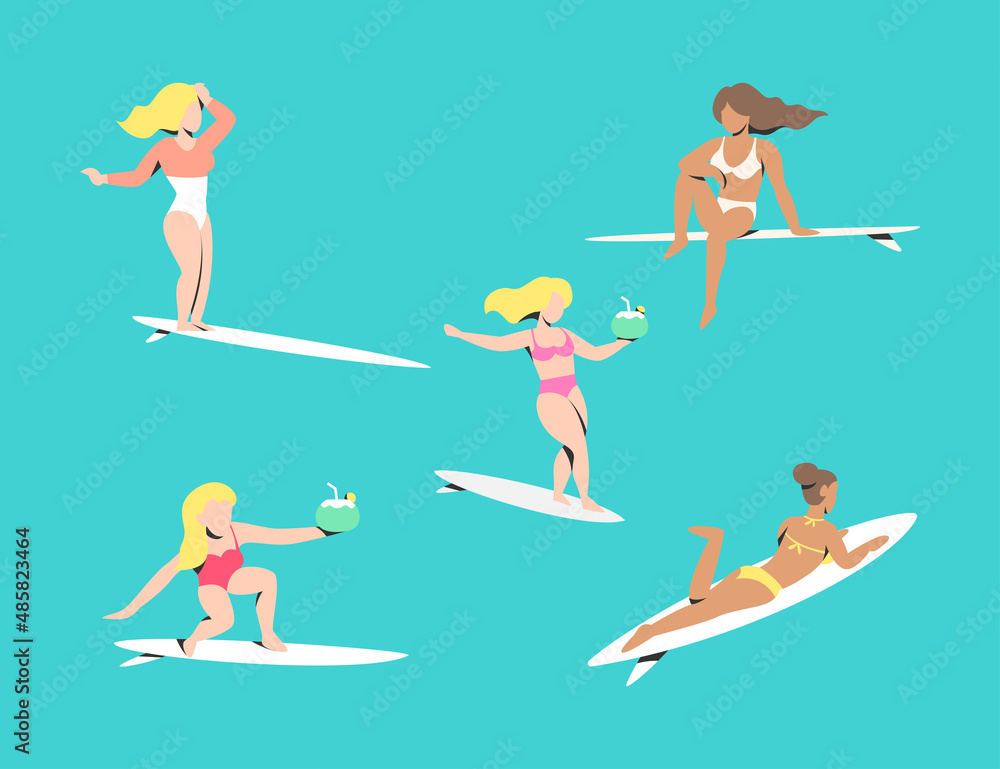 SURFER GIRLS WITH SOME DIFFERENT POSES ON THE SURFING BOARD. PREMIUM VECTOR. SURFER GIRLS WITH SOME DIFFERENT POSES ON THE SURFING BOARD. PREMIUM VECTOR.