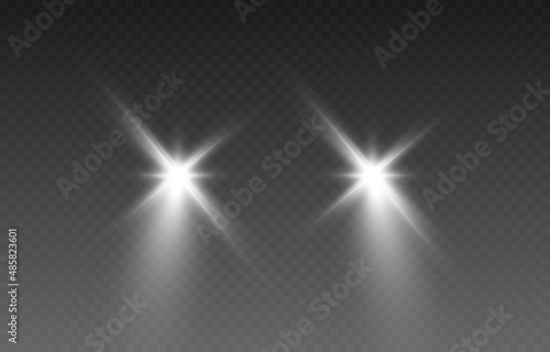 Vector light from the headlights PNG. Light from the headlights of a car on an isolated transparent background. Round headlights, white light PNG. Road lighting. PNG.