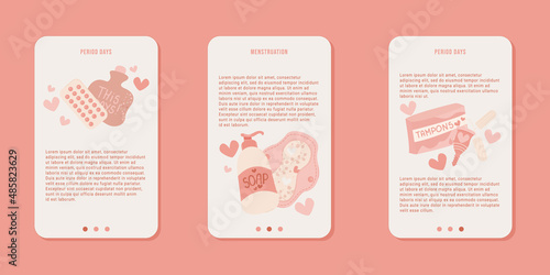 Screens for mobile app with menstruation concept. Female hygiene and healthcare. Importance of talking about menstruation and women’s health. Vector illustration