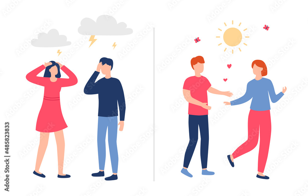 Happy and sad couple. Romantic and broken relationships Happy and sad couple. Romantic and broken relationships