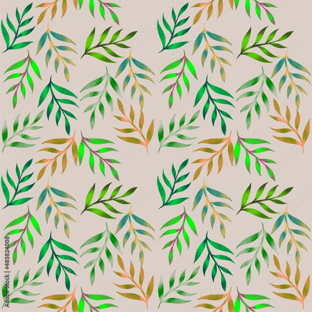 Seamless pattern with green exotic leaves on beige background . Seamless pattern with green exotic leaves on beige background .