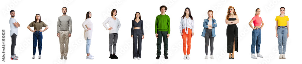 Collage with young men and women in casual cloth standin in a line, looking at camera isolated over white studio background