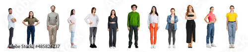 Collage with young men and women in casual cloth standin in a line, looking at camera isolated over white studio background