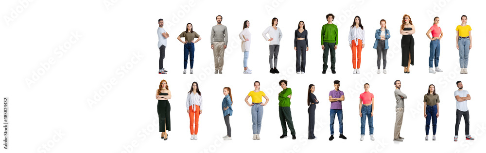 Collage of young people, men and women, of different age in casual cloth standing in two lines isolated over white background Collage of young people, men and women, of different age in casual cloth standing in two lines isolated over white background
