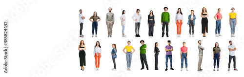 Collage of young people, men and women, of different age in casual cloth standing in two lines isolated over white background