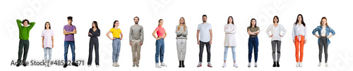 Collage. People, men and women of different age in casual cloth standing in a line isolated over white studio background