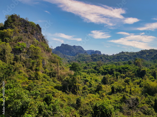 Panorama of the mountainous and heavily forested Phu Pha Lom Forest Park in the province of Loei, northern Thailand