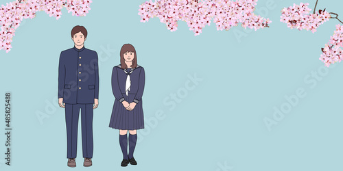 Cherry blossoms, high school boy and high school girl. vector illustration, copy space, web banner, header, sign, poster, flyer, ad, graphic