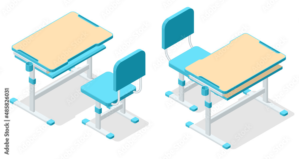 Isometric school desk and a chair isolated on white background. Wooden piece of furniture. Prepareing for test exam or studying lessons of secondary education. Back to school concept