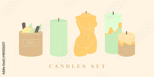 Set of various scented candles, different shapes and colors. Collection of decorative design elements. Hand drawn vector illustration isolated on light background in modern trendy flat cartoon style