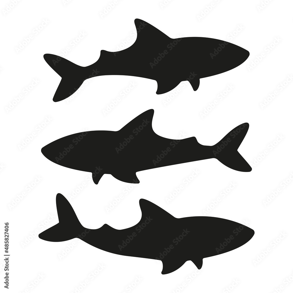 Sharks black silhouettes animals collection. Sharks in different poses set. Group of ocean animals. Vector isolated on white.