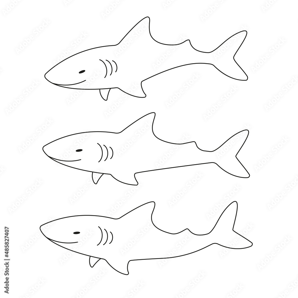 Fototapeta premium Sharks line icon set. Line drawing sharks collection. Vector isolated on white.