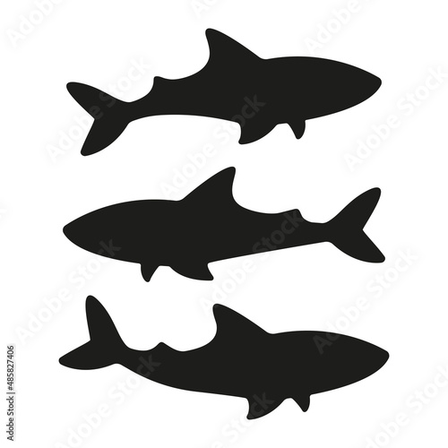 Sharks black silhouettes animals collection. Sharks in different poses set. Group of ocean animals. Vector isolated on white.