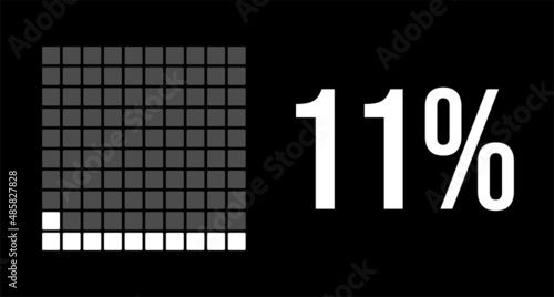 11 percent diagram  eleven percentage vector infographic. Rounded rectangles forming a square chart. White on black background.