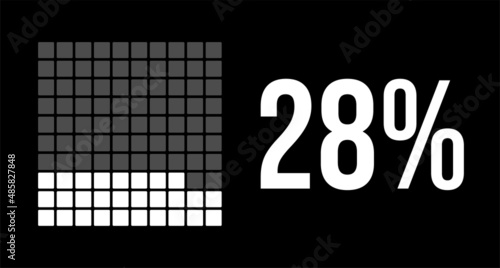 28 percent diagram, twenty-eight percentage vector infographic. Rounded rectangles forming a square chart. White on black background.