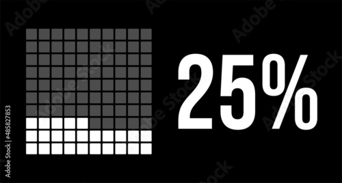 25 percent diagram, twenty-five percentage vector infographic. Rounded rectangles forming a square chart. White on black background.