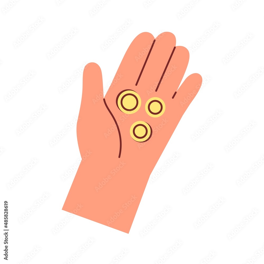 Obraz premium Gold coins in palm. Hands holding cash change for charity and help. Alms, mercy and financial support, aid concept. Contribution and donation. Flat vector illustration isolated on white background