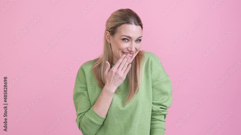 Surprised lady share taboo novelty isolated pastel color background Surprised lady share taboo novelty isolated pastel color background