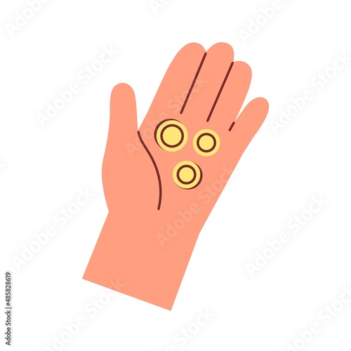 Gold coins in palm. Hands holding cash change for charity and help. Alms, mer...